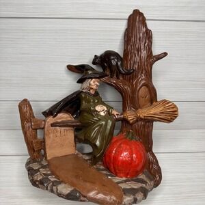 Vintage Halloween Witch Cat & Tree Sculpture Figurine Tombstone Pumpkin Decor